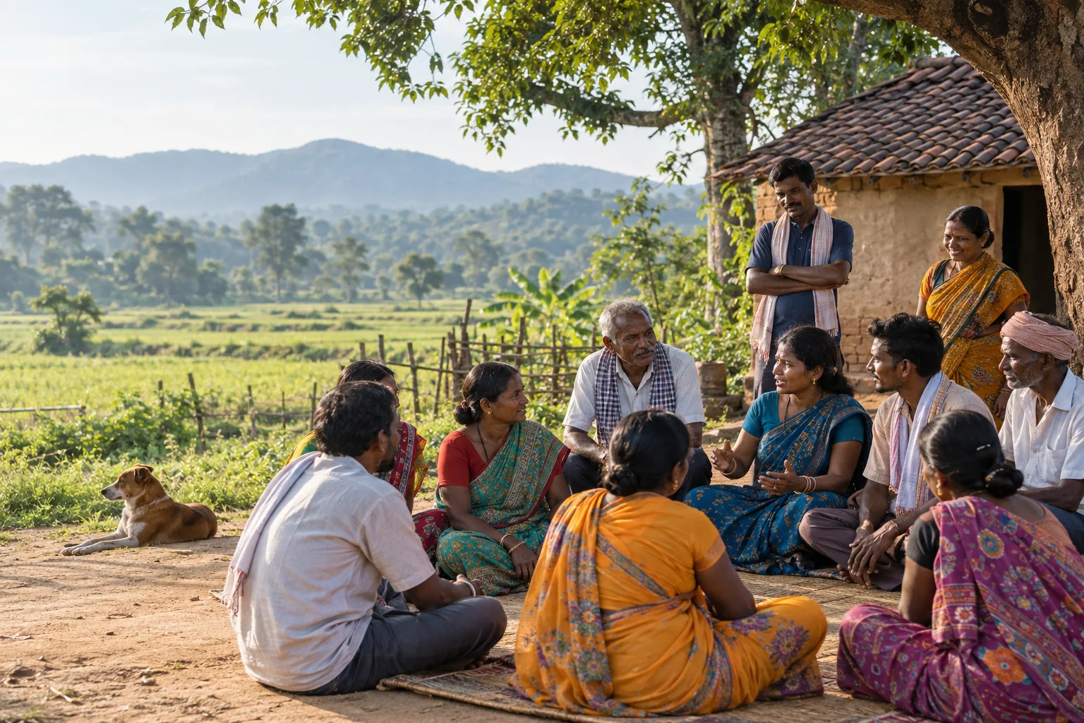 Rural community members gathering for a discussion in Odisha