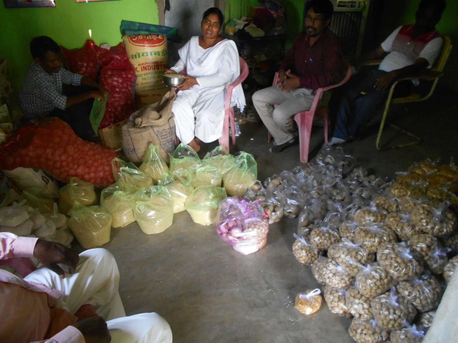 Packaged food produce displayed during a community livelihood activity